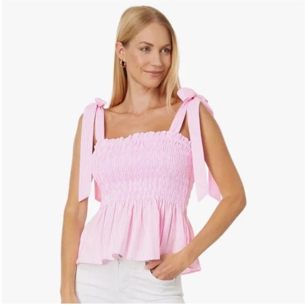 NWT Lilly Pulitzer Pink Rivera Smocked Blouse with Bow Straps